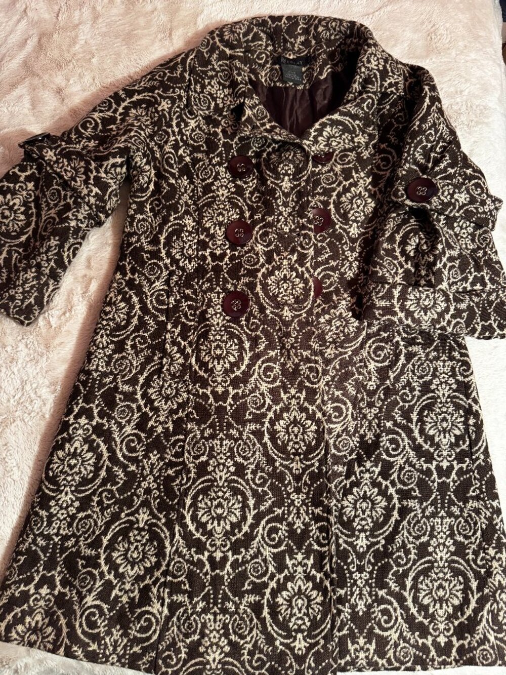 Neslay Brown Cream Tapestry Coat Medium Button Front Jacket Vintage Style